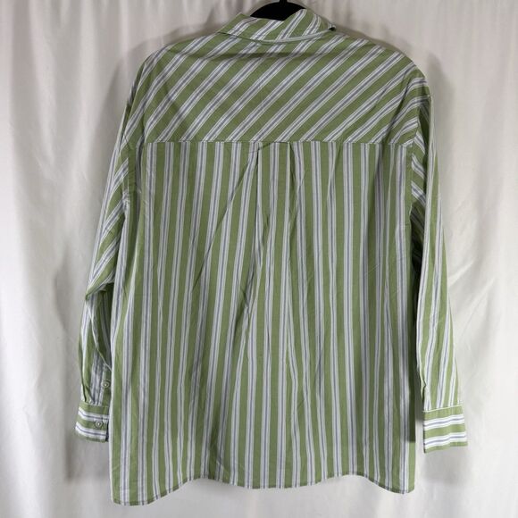 New Aerie Blouse Women's Small Green Blue Striped Long Sleeve Button Up - Picture 8 of 10